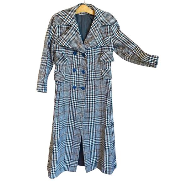 Vintage Handmade Plaid Long Coat size small trench coat double breasted gray - Picture 1 of 8